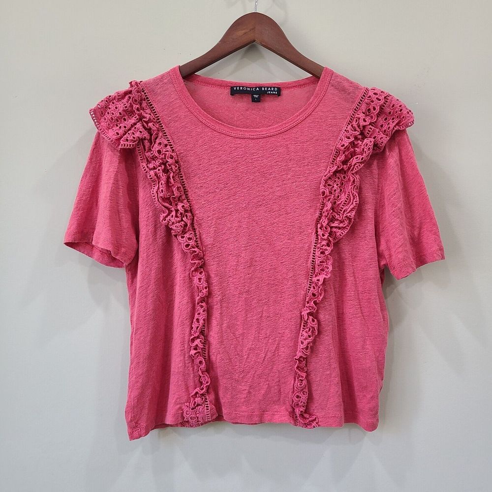 Veronica Beard Jeans Women Prema Eyelet Shirt Large Coral Pink Ruffle 100% Linen